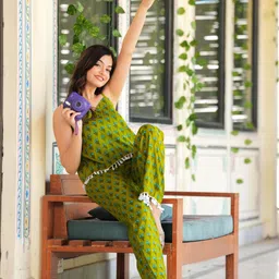 kalaliya Women Top & Pyjama Set Green Floral Print, Colorblock image 5
