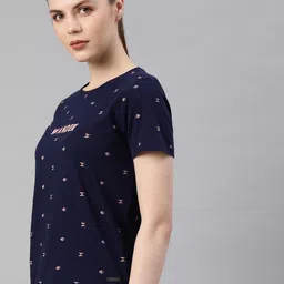 roadster Women Printed Round Neck Pure Cotton Dark Blue T-Shirt image 4