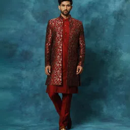 VASTRAMAY VASTRAMAY Men's Red Viscose Sherwani Set Self Design Sherwani-picture-20