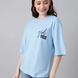 kotty Women Printed Round Neck Cotton Blend Light Blue T-Shirt image 4