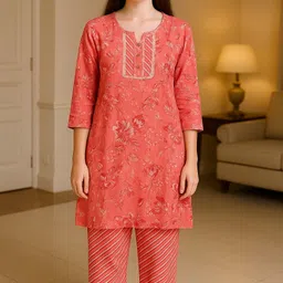 rozee fashion Women Cotton Blend Kurta Pant Set image 1