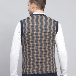 monte carlo Men Self Design V Neck Dark Blue, Beige Sweater image 2