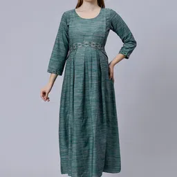 DUMMY SHAPE Striped Embroidered Fit & Flare Midi Pure Cotton Maternity Feeding Dress-picture-12