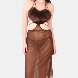 Be You Self Design Fur Detail Halter Neck Baby Doll & Briefs-image-9