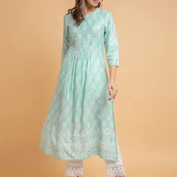 SUTI Floral Printed Pleated Thread Work Kurta with Trousers image 5