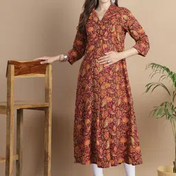 Secret Wish Floral Printed Shirt Collar Cotton Pleated A-Line Maternity Kurta-picture-23