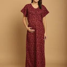 Secret Wish Women Printed Pure Cotton Maternity Maxi Nightdress-image-88