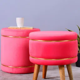 Shadowkart Peach Colored 2 Pieces Velvet & Wooden Round Ottomans image 1