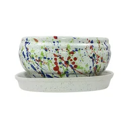 LASAKI White & Blue Textured Ceramic Planter With Tray Plate image 2