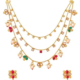 aadita Gold-Plated White & Pink Stone-Studded & Pearl Beaded Layered Jewellery Set image 3