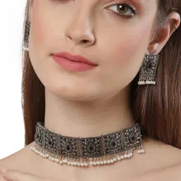 Shining Diva Oxidised Silver-Plated White Beaded Jewellery Set image 1