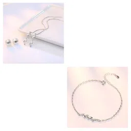 MYKI Silver-Plated Cubic Zirconia Studded Stainless Steel Bracelet & Earrings-picture-29