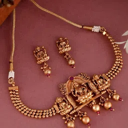 Shoshaa Gold-Plated Maroon Stone Studded Temple Jewellery Set image 1