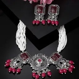 ADIVA Silver-Plated Stones-Studded & Beaded Necklace & Earrings-picture-16