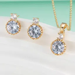 Peora Gold Plated Cubic Zirconia-Studded Pendant Chain Necklace & Stud Earrings image 1