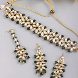 Peora Gold Plated & Green Kundan Bridal Jewellery Set image 2
