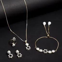 ZENEME White & Gold Toned Alloy Gold Plated Studded Jewellery Set-picture-14