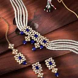 Peora White & Blue Gold-Plated Pearls & Kundan Studded Jewellery Set-picture-12