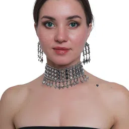 PRASUB Silver-Plated Stones Studded Mirror Choker Jewellery Set-picture-14