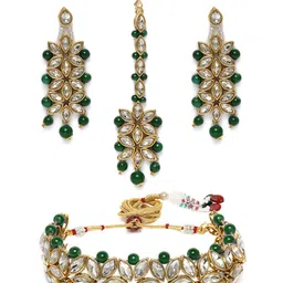 Peora Gold Plated & Green Kundan Bridal Jewellery Set image 3