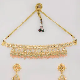 DASTOOR Gold-Plated White & Pink Kundan Beaded Jewellery Set image 2