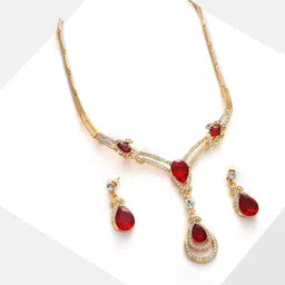 SOHI Gold Plated Red Colored White Stone Studded Jewellery Set image 3