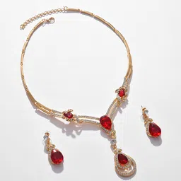 SOHI Gold Plated Red Colored White Stone Studded Jewellery Set image 5