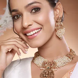 Saraf RS Jewellery Gold-Plated Pearl Cluster Beaded Elephant Temple Jewellery Set image 2