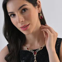 SOHI Gold Plated Red Colored White Stone Studded Jewellery Set image 2