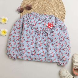Tiny Girl Floral Printed Puff Sleeves Ruffled Top-image-94