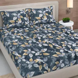 FABINALIV Grey Floral Woollen King Size Fitted Double Bedsheet With 2 Pillow Covers-picture-19