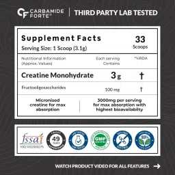 Carbamide Forte Creatine Mono hydrate Powder | Micronized Monohydrate Creatine 103gm | Micronized Monohydrate Supplement for Lean Muscle, Strength & Energy - Unflavoured - 33 Servings - 103g image 3