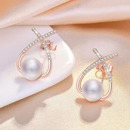 tvi Korean Studded Cross Big White Pearl Drop Earrings For Women/Girls Cubic Zirconia Alloy Stud Earring image 3