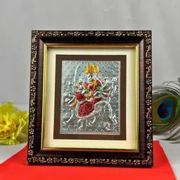 benares souvenirs Goddess Durga Photo Frame in Silver for Wall Décor, Gift Items & Car Dashboard Decorative Showpiece - 13.9 cm image 3