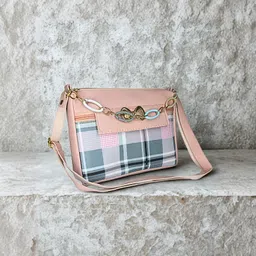 evork fashion Pink Women Sling Bag Women's Checkered Plaid Crossbody Sling Bag with Golden Chain & Bow Detail-picture-20
