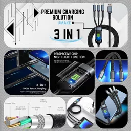Rivaira 3-in-1 Cable 1 m NA Nylon Braided 3 in 1 charging cable | Fast charging USB Cable with 3 Ports -Type C, Lightning, Micro USB Port| Multi pin charging cable - Compatible with iPhone,iPad & Smart Phones image 5