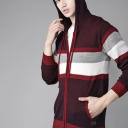roadster Men Striped Hooded Neck Maroon Sweater-picture-24