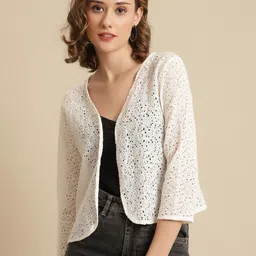 unaone Women Lace 3/4th Sleeve White Shrug image 1