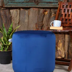Shadowkart Blue Velvet & Wooden Round Ottoman-image-55