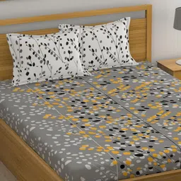 Huesland Grey & White Floral 144 TC Cotton Double King Bedsheet with 2 Pillow Covers-image-56