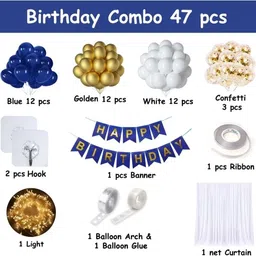 flipzone Blue White and Golden Birthday Decoration Kit Combo with Net Curtain and light. image 2