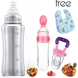 kidsy zilla Bottle and Silicon food feeder spoon(90ml) ,Fruit feeder (Set of 4)- Stainless Steel Bottle 250 ml-picture-22