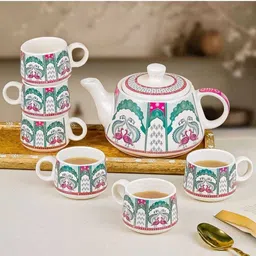 llaxmi creation Ceramic peacock Tea set with kettle ( pack of 6 cup and 1 kettle)-picture-18