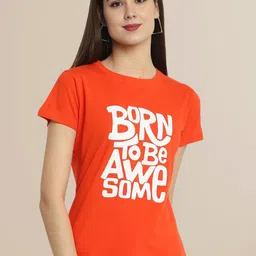 szn Women Solid Round Neck Cotton Blend Orange T-Shirt image 3