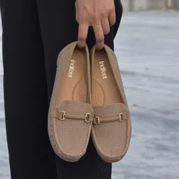 indifeet Women's Textured Khaki colour Formal Loafers with Gold Metal Detailing Loafers For Women image 2