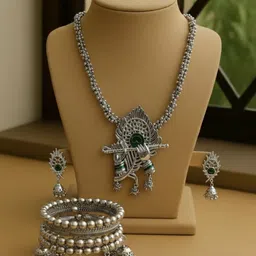 krishna paths collection Silver, Oxidised Silver, Plastic, Alloy Silver Silver Jewel Set image 2