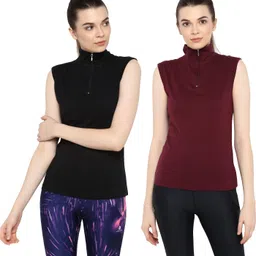 ap'pulse Pack of 2 Women Solid High Neck Pure Cotton Maroon, Black T-Shirt-picture-15