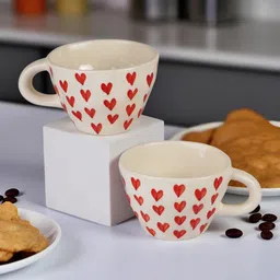 trisha Pack of 2 Ceramic Red Heart Print Coffee and Tea cups, Ceramic Coffee Mug ( 200 ml, Pack of 2) image 2
