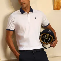 peter england Men Graphic Print Polo Neck Pure Cotton White T-Shirt-picture-41