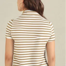 mack jonney Women Striped Polo Neck Cotton Blend Brown T-Shirt image 3